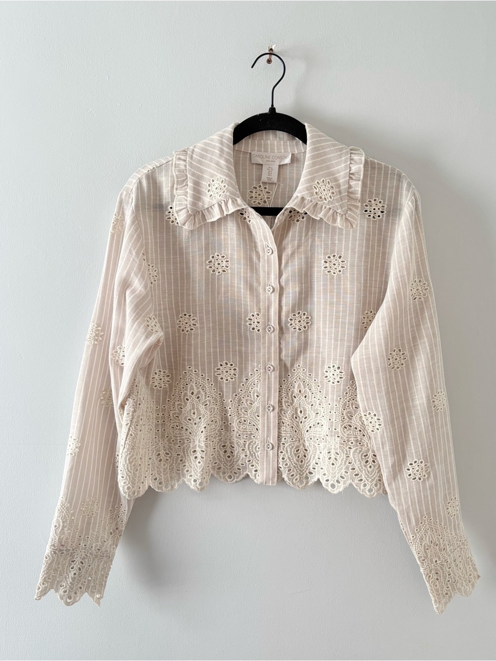 Caroline Constas NWT Eyelet Stripe Button Down Shirt Long-Sleeve Scallop Trim